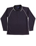A black long-sleeve polo shirt with white piping and a collar, featuring buttons and a logo.