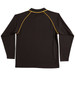 A black long-sleeve polo shirt with yellow piping and a collar. Features a logo on the back.