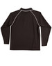 A black long-sleeve polo shirt featuring contrast white piping and a collar, displaying the back view.