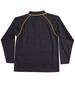 A black long-sleeve polo shirt with yellow detailing and a collar. Features a logo on the front.