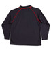 A black long-sleeve polo shirt featuring red piping and a logo on the back.