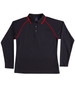 A black long-sleeve polo shirt with red accents and a collar, featuring a logo on the chest.
