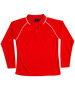 A red long-sleeve polo shirt with a white trim and a collar. It has a logo on the chest area.