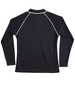 A black ladies' long-sleeve polo shirt with white piping and a collar, featuring a logo on the back.