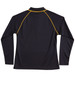 A black long-sleeve polo shirt featuring yellow raglan seams and a collar. It has a logo on it.