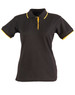 A black ladies' polo shirt with yellow accents, featuring a collar and short sleeves, has a logo.