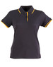 A women's polo shirt in navy blue with yellow detailing on the collar and sleeves. It has a logo on it.