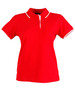 A red ladies' polo shirt with a collar and white trim, featuring a small logo on the chest.
