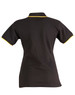 A black polo shirt featuring yellow detailing on the collar and sleeves, with a logo on the back.