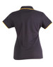 A black ladies' polo shirt featuring contrasting yellow trim, showcasing a fitted design and collar.