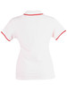 A white ladies' polo shirt featuring red trim on the collar and sleeves, with a logo on the side.