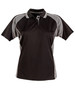 A black and grey ladies’ polo shirt with short sleeves and a collar, featuring a logo.