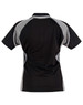 A black polo shirt with grey accents, featuring a logo on the collar and a sporty design.