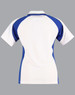 A polo shirt in blue and white with a logo, featuring a classic collar and short sleeves.