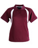 A burgundy ladies' polo shirt with white side panels and a collar, featuring a logo.