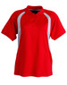 A red polo shirt with white accents and a collar, featuring short sleeves and a logo.