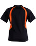 A black polo shirt featuring orange accents on the sides and a collar. The back view is displayed.