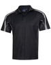 A black short sleeve polo shirt featuring contrasting grey detailing and a logo on the collar.