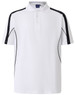 A white short sleeve polo shirt with navy blue side stripes and a logo on the chest.