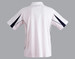 A white short sleeve polo shirt featuring navy detailing and a logo. The back displays a sporty design.