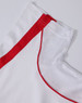 A white polo shirt with red accents and mesh detailing on the collar and shoulder. Features a logo.