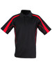 A black polo shirt with vibrant red accents and a branded logo on the chest. Short sleeves and a classic collar design.
