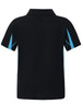 A black polo shirt with blue side accents, featuring a collar and short sleeves. It has a branding logo.