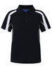 A black kids' polo shirt with white accents and a collar, featuring a logo on the front.