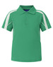 A green kids' short-sleeve polo shirt with white accents and a collar, featuring a logo on the chest.