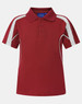 A red polo shirt featuring white accent panels and a classic collar, with three buttons at the front.