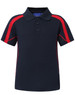 A kids' short-sleeve polo shirt in navy with red accents and a collar, featuring a small logo.
