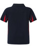 A navy blue kids' polo shirt featuring red accents and a logo on the chest. Simple design with a short-sleeve cut.