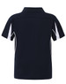 A navy blue kids' short sleeve polo shirt featuring white accents and a logo.