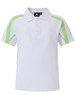A short-sleeved white polo shirt with green accents and a collar, featuring a logo on the front.