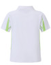 A white kids' polo shirt with green accents on the sides and a collar, featuring a logo.