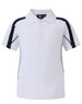 A white kids' polo shirt with navy accents and a logo on the chest. Short sleeves and a classic collar design.