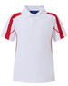 A white polo shirt featuring red side panels and a collar, with a logo on the chest.