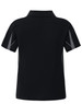 A black polo shirt for kids with grey side panels and a collar, featuring a logo on the back.
