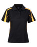 A black and yellow short sleeve polo shirt with a branded logo on the front and contrasting side panels.