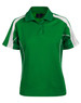 A green and white short sleeve polo shirt featuring a collar and contrasting side panels, with a logo on the chest.
