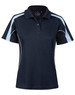 A dark navy short sleeve polo shirt with light blue accents and a collar. It features a logo on the chest.