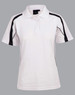 A white polo shirt with black accents and a collar, featuring a logo on the front.