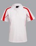 A white polo shirt with red accents and a logo, featuring short sleeves and a classic collar.