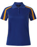 A blue and yellow women's short-sleeve sport polo shirt with a collar and a logo.