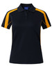 A black short sleeve polo shirt with orange side panels and a logo on the collar.
