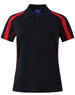 A black polo shirt with red accents, featuring short sleeves and a collar. It has a logo on the chest area.