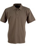 A brown polo shirt with a classic collar and three buttons, featuring a logo on the chest.