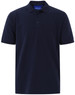 A navy blue men's cotton stretch polo shirt featuring a classic collar and three-button placket. It has a logo on the chest.