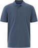 A navy blue men's cotton stretch polo shirt with a collar and three buttons, featuring a logo.