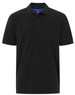 A black men's cotton stretch polo shirt featuring a classic collar and three-button placket. It has a logo on it.